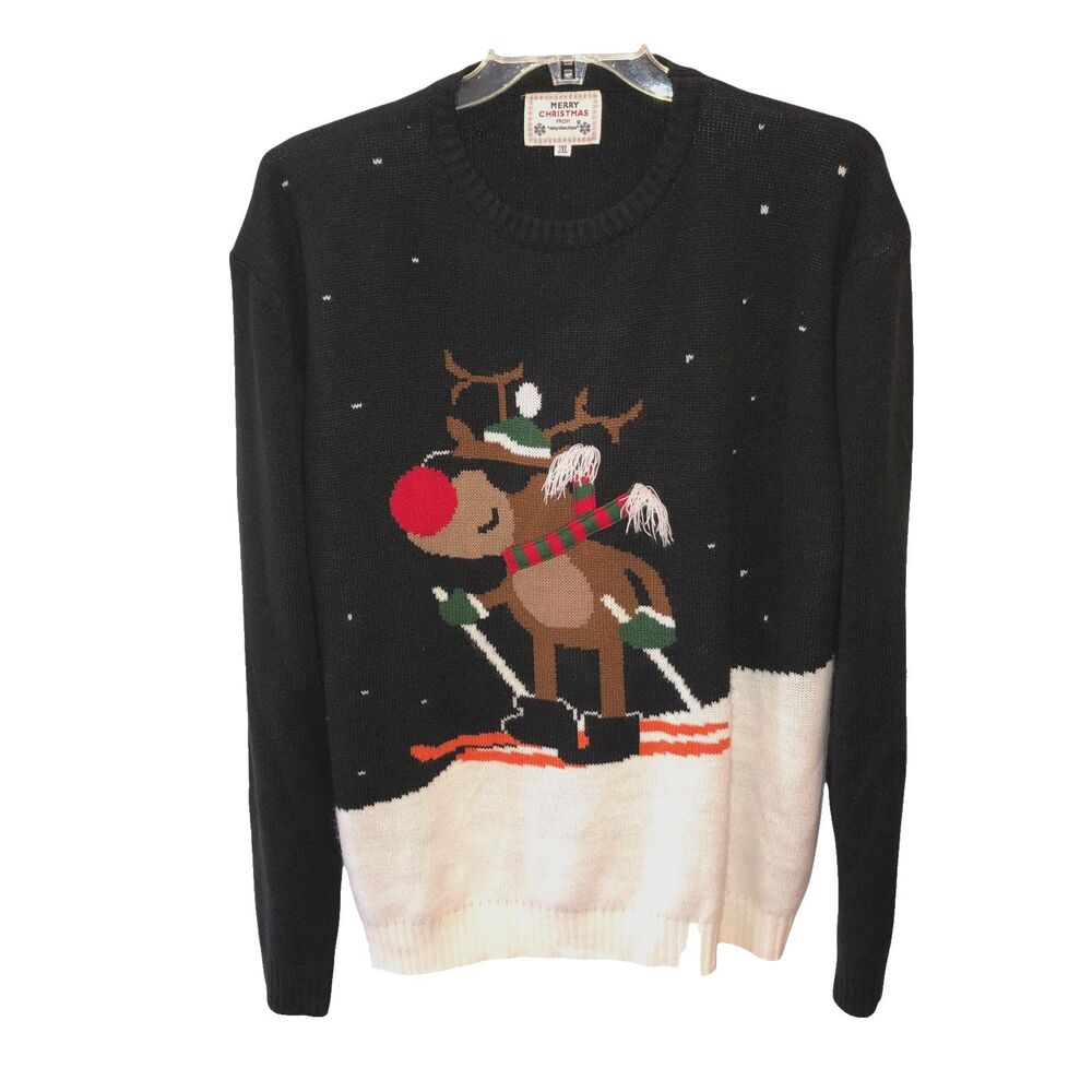 Daisys Boutique Size 2XL Black White Rudolf Reindeer Ski Christmas Sweater